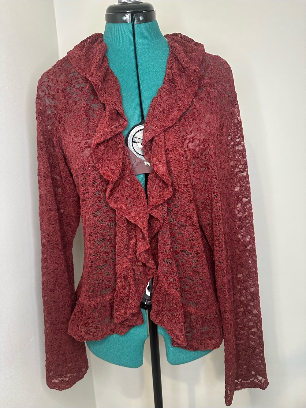 wild fable Burgundy Lace Ruffle Open-Front Cardigan